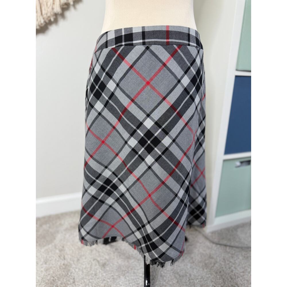 Vtg Vintage Gray Black Red Plaid Holiday Wool Blend Fringe Skirt 12 Christmas